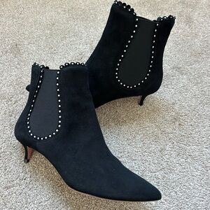Aquazzura Jicky Black Suede Pearl Studded Kitten Ankle Boots